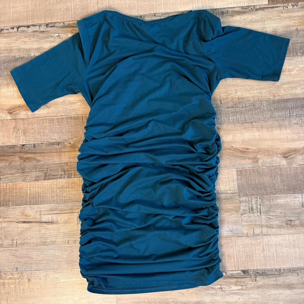 Mother Bee Blue/green midi Ruched Bodycon Dress Maternity M baby shower wedding - Picture 7 of 8